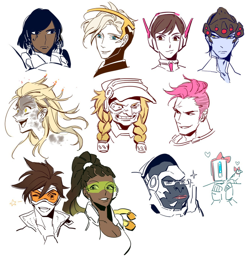 6+boys ;d adjusting_eyewear animal animal_on_shoulder bangs bastion_(overwatch) bird bird_on_shoulder black_eyes black_hair blonde_hair blue_eyes bodysuit bow braid breasts brown_hair cleavage collarbone crazy_eyes crazy_smile d.va_(overwatch) earrings eye_of_horus eyepatch face facial_tattoo genderswap genderswap_(ftm) genderswap_(mtf) glasses gorilla hair_bow hairlocs head_mounted_display headgear headphones heart highres jacket jewelry junkrat_(overwatch) large_breasts lipstick long_hair lucio_(overwatch) makeup mask mask_on_head mechanical_halo mercy_(overwatch) multiple_boys multiple_girls one_eye_closed open_mouth overethe overwatch pharah_(overwatch) pink_hair pink_lips ponytail power_armor purple_skin red_bow robot scar scar_across_eye short_hair simple_background smile sparkle spiked_hair spoken_heart star tank_top tattoo teeth torbjorn_(overwatch) tracer_(overwatch) turtleneck twin_braids undercut upper_body welding_mask white_background widowmaker_(overwatch) winston_(overwatch) yellow_eyes zarya_(overwatch)