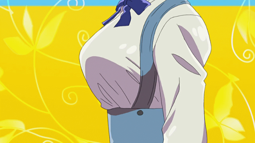 1girl animated animated_gif axis_powers_hetalia bouncing_breasts breasts bursting_breasts large_breasts overalls popped_button ribbon solo ukraine_(hetalia) wardrobe_malfunction