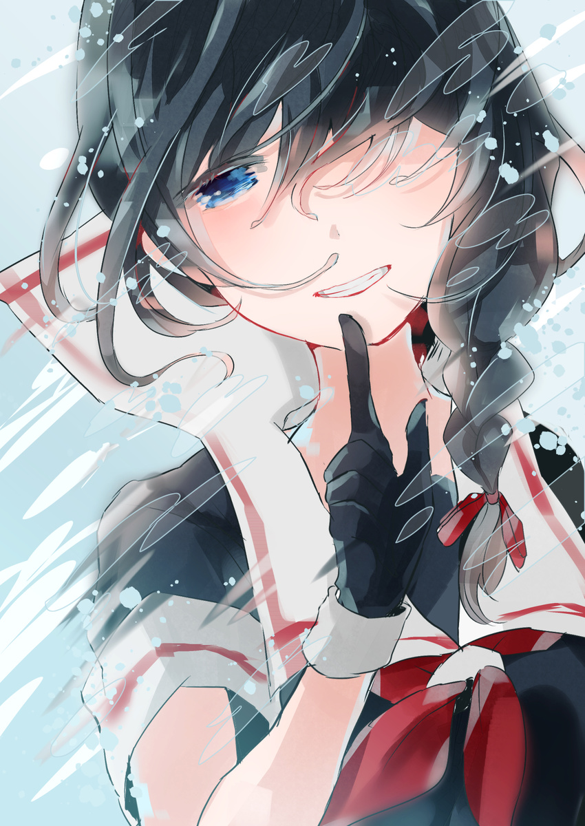 black_gloves black_hair blue_eyes gloves hair_over_one_eye highres kantai_collection kumahara school_uniform serafuku shigure_(kantai_collection) smile solo spray teeth