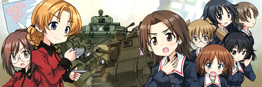 bangs black_eyes black_hair blue_eyes blue_hair blue_jacket blush braid brown_hair bunny churchill_(tank) commentary crown_braid cup emblem eyebrows eyebrows_visible_through_hair freckles girls_und_panzer glasses green_shirt ground_vehicle hair_ribbon headphones holding jacket knife long_hair long_sleeves looking_at_viewer m3_lee maruyama_saki matilda_(tank) military military_uniform military_vehicle motor_vehicle multiple_girls nilgiri older ooarai_military_uniform oono_aya open_mouth orange_hair orange_pekoe parted_bangs portrait red_jacket ribbon sakaguchi_karina sanari_(quarter_iceshop) sawa_azusa shirt short_hair smile smirk st._gloriana's_military_uniform tank teacup throat_microphone tied_hair twin_braids twintails uniform utsugi_yuuki yamagou_ayumi