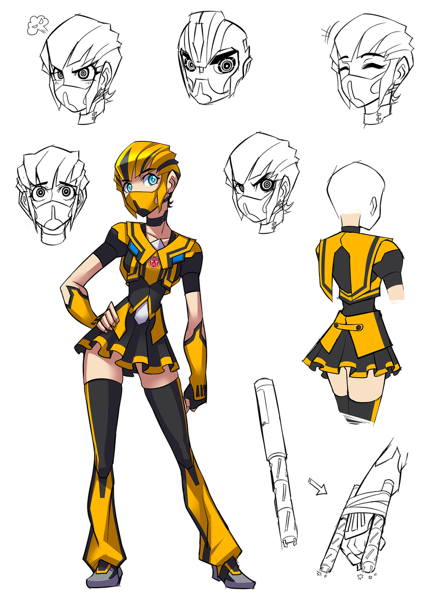 1girl blonde_hair bumblebee character_sheet female genderswap gloves mask partially_colored personification ryuusei_(mark_ii) school_uniform simple_background skirt solo thighhighs transformers transformers_prime white_background