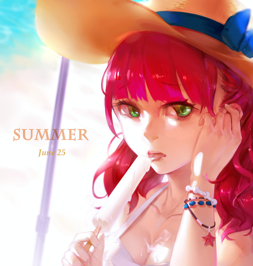 bangs beach bikini bracelet collarbone dated eyebrows eyebrows_visible_through_hair food food_between_breasts hair_tucking halter_top halterneck hat hat_ribbon highres holding holding_food jewelry looking_at_viewer looking_to_the_side melting ocean original pink_hair popsicle portrait ribbon saliva saliva_trail shade shou_xian_wu solo star straw_hat swimsuit tongue tongue_out wavy_hair white_bikini