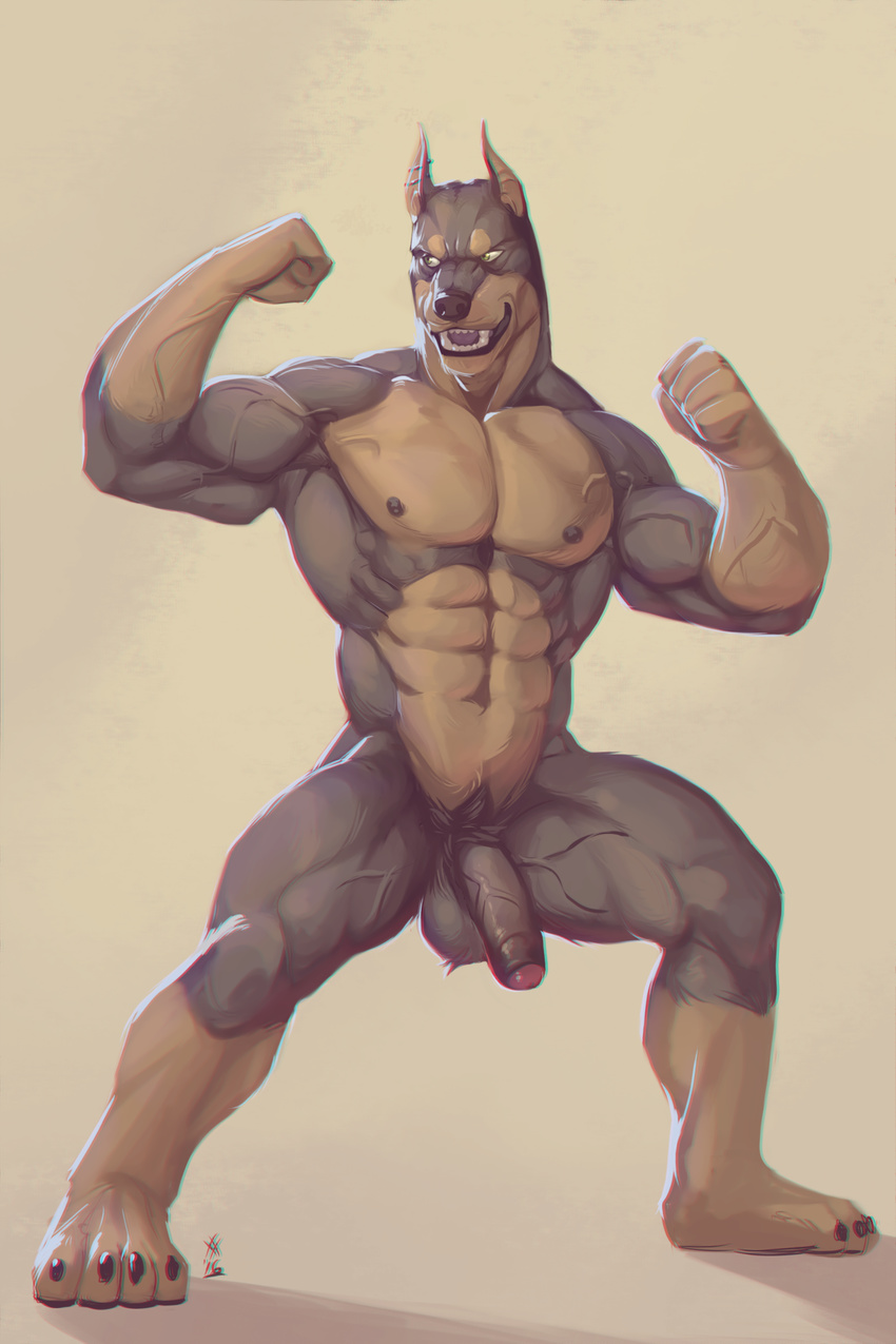 2016 abs anthro balls biceps big_muscles black_fur black_nose brown_fur cain canine doberman dog ear_piercing fight_pose flaccid flexing fur green_eyes grin half-erect hi_res humanoid_penis jairus male mammal muscular muscular_male nipples nude open_mouth partially_retracted_foreskin pecs penis piercing pointy_ears pose rrowdybeast smile solo standing teeth tongue uncut vein veiny_penis