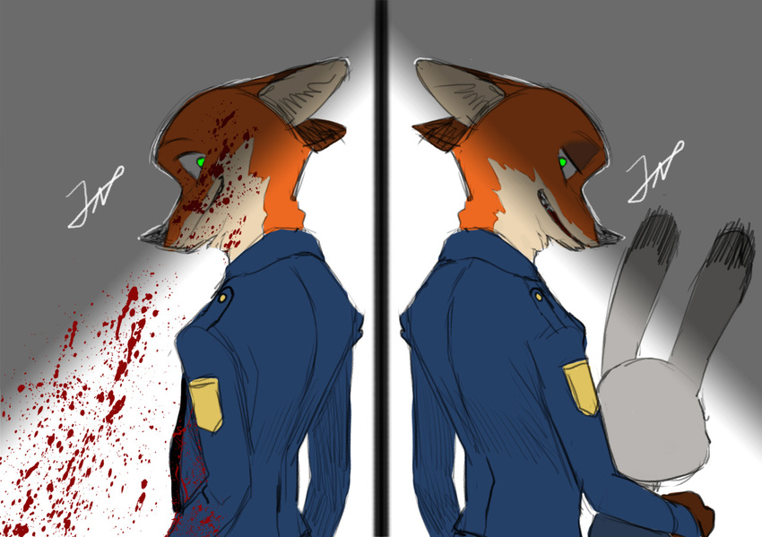 anthro blood canine clothed clothing digital_media_(artwork) disney female fox gorgonzol-st judy_hopps lagomorph long_ears male mammal nick_wilde police_uniform psychopath rabbit uniform zootopia