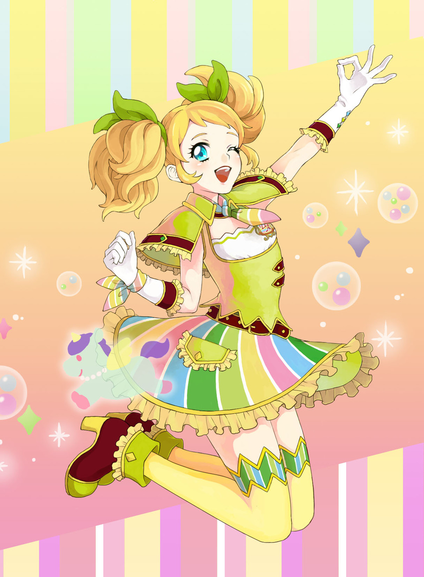 ;d aikatsu! aikatsu!_(series) alfalfa11_8 belt blonde_hair blue_eyes frilled_skirt frills full_body gloves highres jumping necktie one_eye_closed open_mouth outstretched_arm pocket saegusa_kii shoes skirt smile solo striped striped_neckwear striped_skirt thighhighs twintails white_gloves yellow_legwear