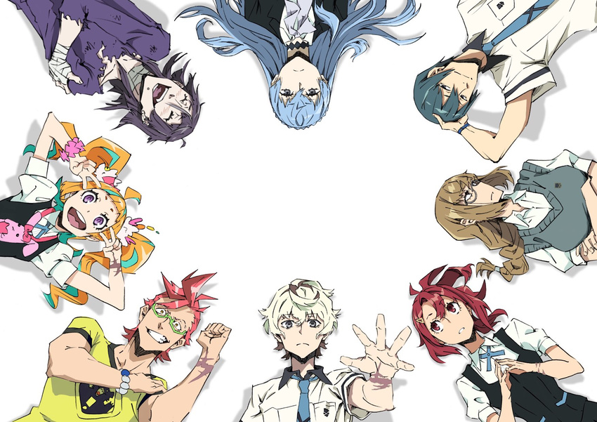 4girls agata_katsuhira arai_hiroki bandages blue_hair blue_neckwear blush braid brown_hair closed_eyes crossed_arms double_v fingers_together flexing glasses green-framed_eyewear green_hair hand_in_hair highres hisomu_yoshiharu kiznaiver long_hair looking_at_another looking_at_viewer lying maki_honoka multicolored_hair multiple_boys multiple_girls necktie niiyama_nico on_back orange_hair outstretched_arm pink_hair pose purple_eyes purple_hair red_eyes red_hair scar school_uniform single_braid smile sonozaki_noriko streaked_hair sweater_vest takashiro_chidori tenga_hajime v watch white_hair wristwatch yuta_tsuguhito