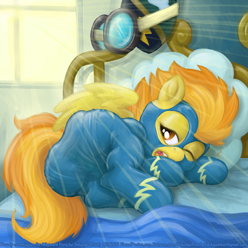 1:1 2016 alternate bed brown_eyes butt clothing diaper female feral friendship_is_magic hi_res looking_at_viewer lying my_little_pony on_bed on_side open_mouth rubber smudge_proof solo spitfire_(mlp) suit sun tight_clothing variant wonderbolts_(mlp) wonderbolts_academy wonderbolts_uniform