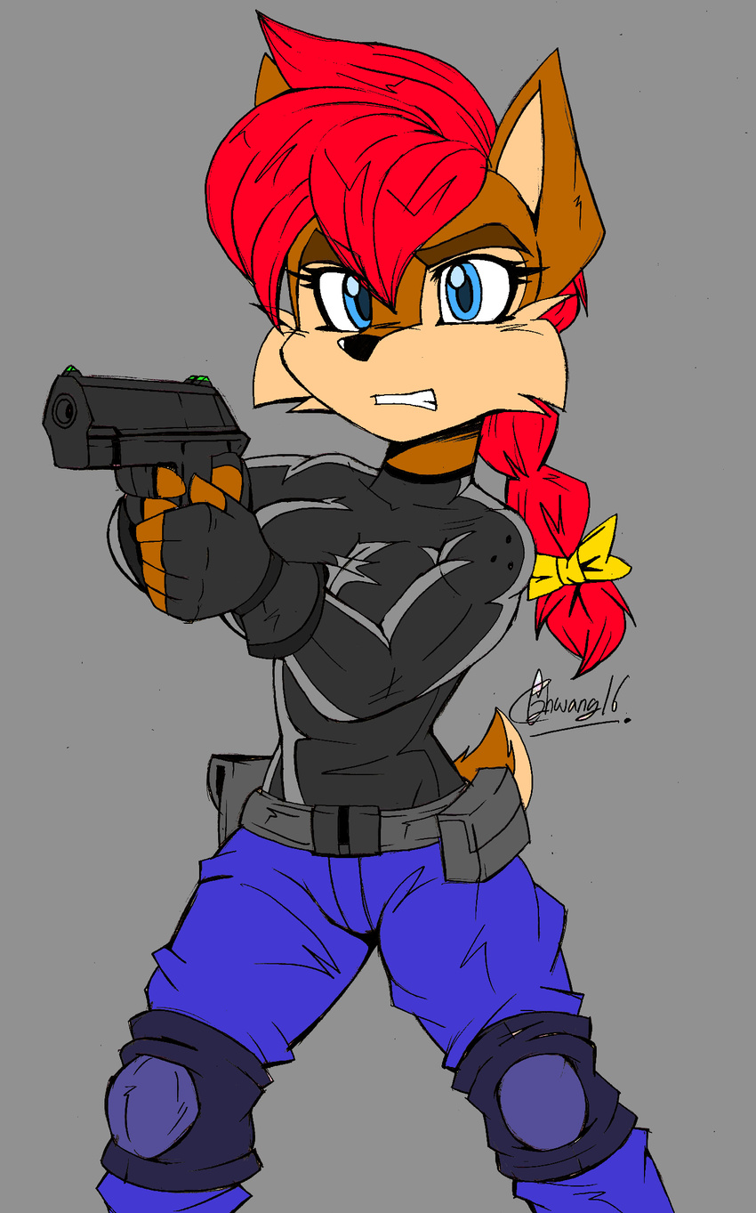 2016 akatsukishiranui-fox anthro big_breasts biped black_nose blue_eyes breasts brown_fur chipmunk clothed clothing female fingerless_gloves flat_colors fur gloves gun hair hi_res mammal open_mouth police police_car police_uniform purple_background ranged_weapon red_hair rodent sally_acorn simple_background solo sonic_(series) uniform weapon