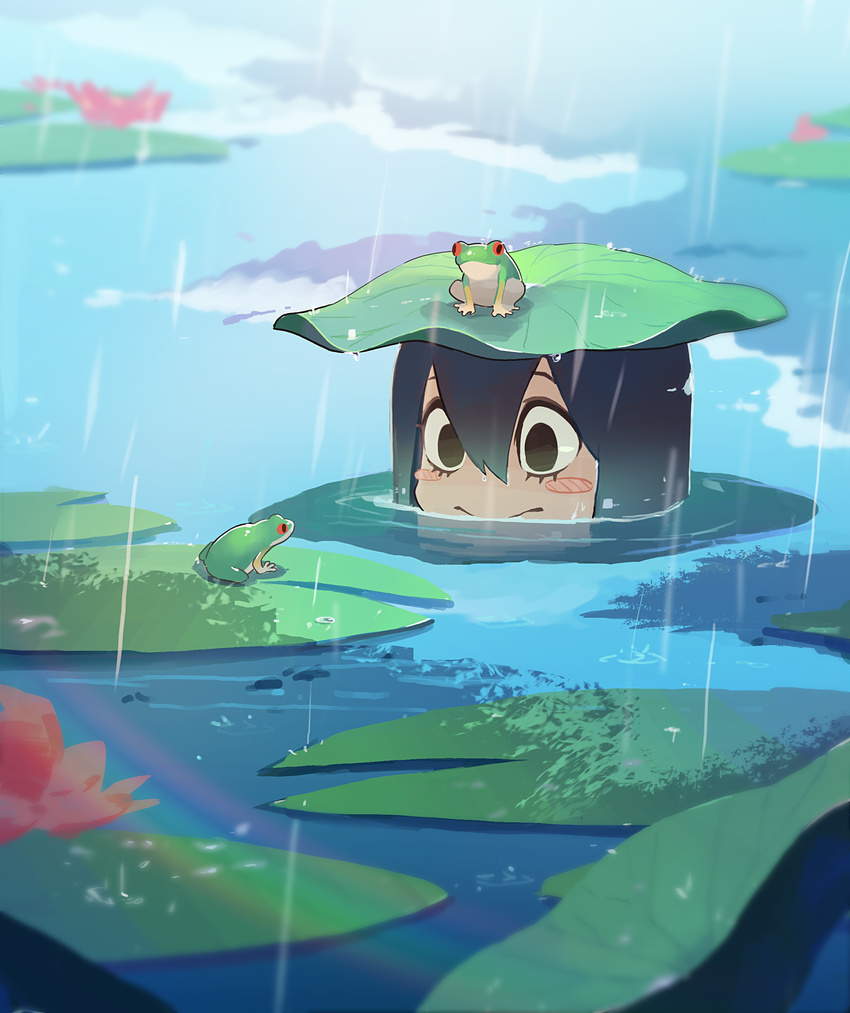 :&gt; absurdres animal animal_on_head asui_tsuyu black_eyes black_hair blush_stickers boku_no_hero_academia cloud commentary day doitsu_no_kagaku eyelashes flower frog frog_on_head hair_between_eyes highres lake leaf leaf_on_head lily_pad long_hair lotus on_head outdoors partially_submerged pink_flower rain rainbow reflection ripples smile solo tree_shade water