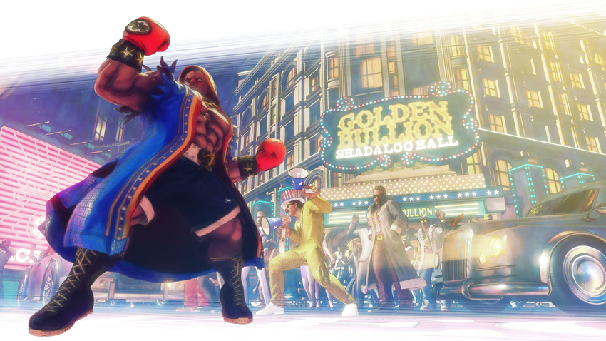 absurdres boots boxing_gloves boxing_shorts capcom car cross-laced_footwear crowd dark_skin ground_vehicle highres hood lace-up_boots m_bison motor_vehicle neon_lights official_art pectorals shorts solo_focus street_fighter street_fighter_v wallpaper