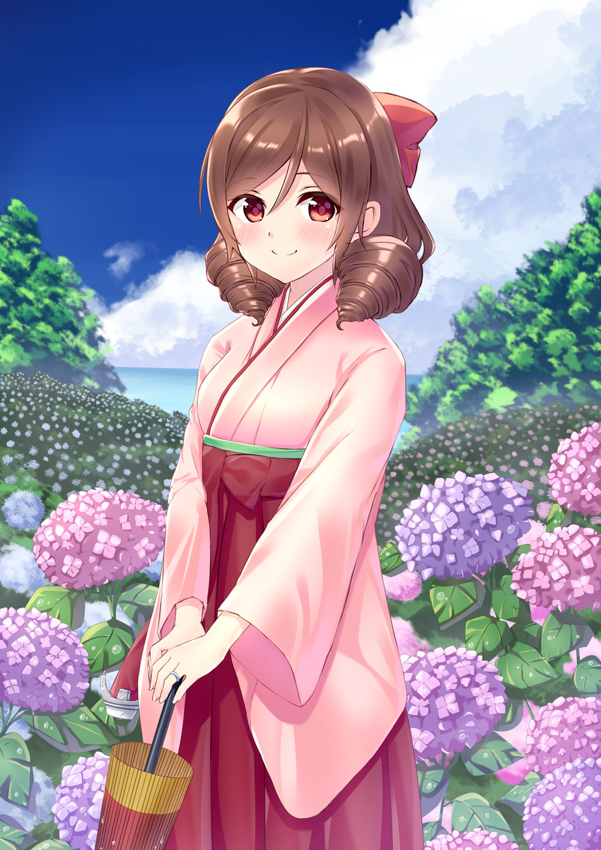 absurdres blue_sky blush bow brown_hair closed_umbrella cloud day drill_hair field flower flower_field hair_bow hakama harukaze_(kantai_collection) highres hio_(hiohio0306) hydrangea japanese_clothes jewelry kantai_collection kimono looking_at_viewer meiji_schoolgirl_uniform oriental_umbrella outdoors pink_kimono red_bow red_eyes red_hakama ring sky smile solo twin_drills umbrella v_arms water_drop wedding_band