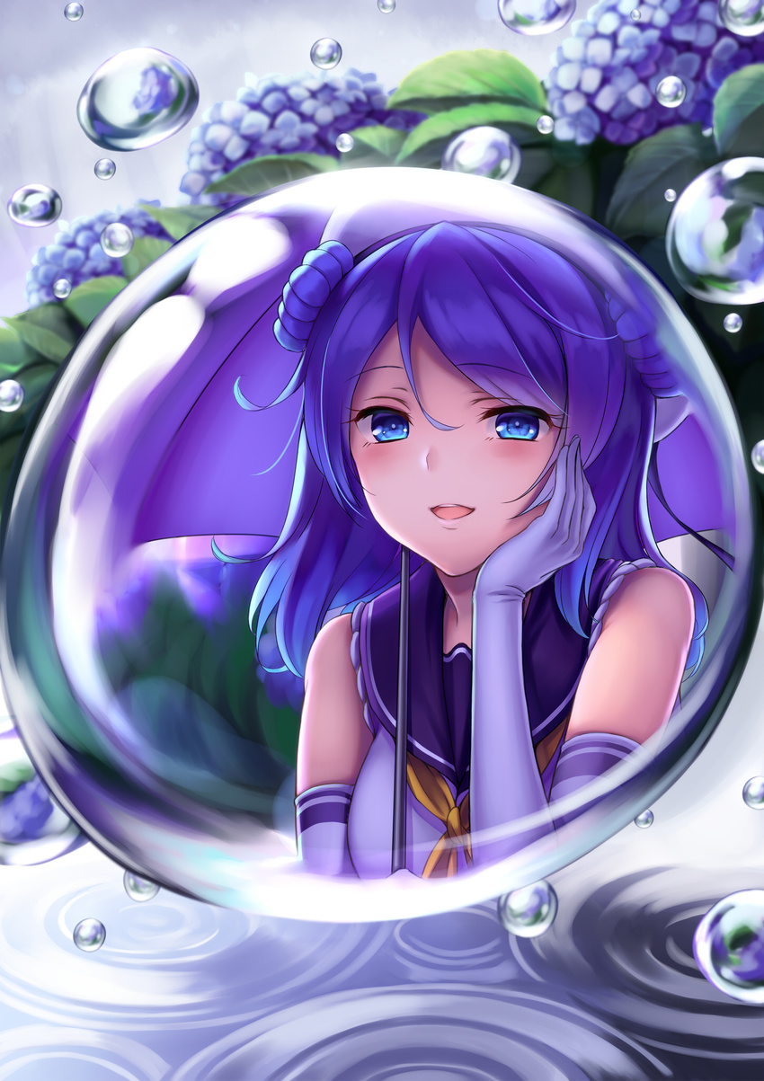 bare_shoulders blue_eyes blue_hair double_bun elbow_gloves eyebrows_visible_through_hair flower gloves hair_between_eyes hand_on_own_face highres hydrangea kantai_collection kirieroido_iii long_hair looking_at_viewer neckerchief open_mouth outdoors overcast purple_umbrella rain reflection ripples sleeves_rolled_up smile solo umbrella urakaze_(kantai_collection) water water_drop yellow_neckwear