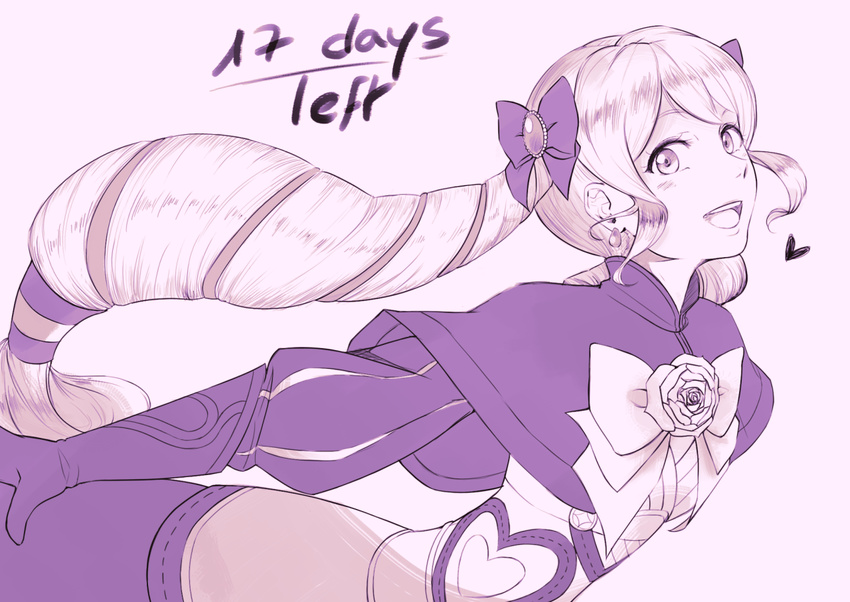 1girl armor blush bow commentary countdown dress drill_hair earrings elise_(fire_emblem_if) fire_emblem fire_emblem_if flower gloves hair_bow hair_ornament hair_ribbon heart jewelry lithety long_hair looking_at_viewer monochrome open_mouth ribbon rose smile solo teeth text twin_drills twintails very_long_hair