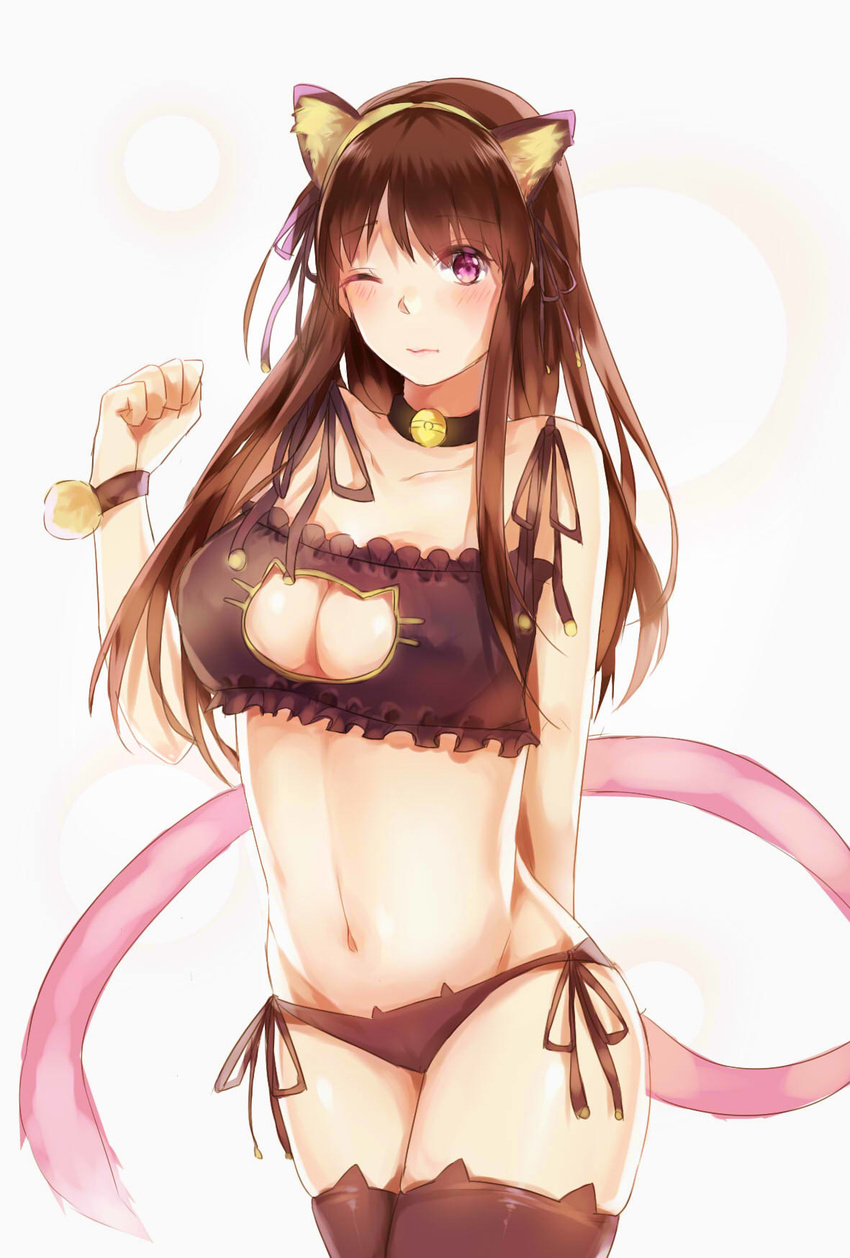 3; alti_meizi animal_ears arm_behind_back bell bell_collar black_legwear black_panties blush breasts brown_hair cat_ears cat_lingerie cat_tail cleavage clenched_hand closed_mouth collar collarbone contrapposto fake_animal_ears highres iki_hiyori large_breasts long_hair meme_attire noragami one_eye_closed panties paw_pose pink_eyes side-tie_panties solo standing tail thighhighs underwear wavy_mouth