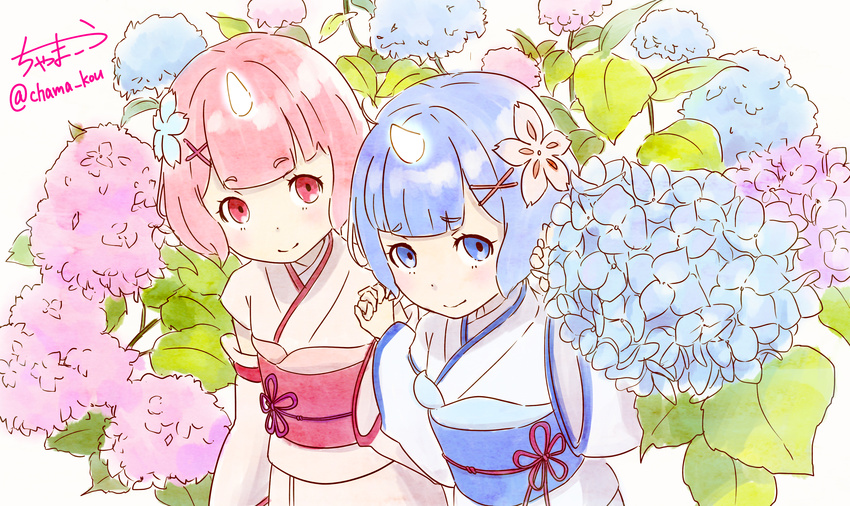 :&gt; absurdres blue_eyes blue_hair blush chama_kou closed_mouth flower glowing_horn hair_flower hair_ornament highres holding_hands horn hydrangea japanese_clothes kimono looking_at_viewer multiple_girls obi pink_eyes pink_hair ram_(re:zero) re:zero_kara_hajimeru_isekai_seikatsu rem_(re:zero) sash short_hair siblings signature sisters smile twins twitter_username white_background x_hair_ornament younger