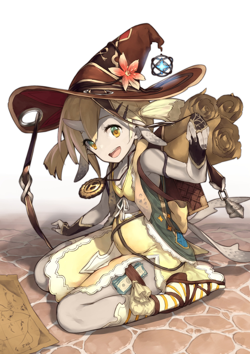 animal_ears backpack bag blonde_hair bridal_gauntlets covered_navel flat_chest flower hat highres horn jewelry looking_at_viewer map moneybag open_mouth original pale_skin pendant pyz_(cath_x_tech) sandals scroll short_hair sitting solo thigh_strap twintails witch_hat yellow_eyes