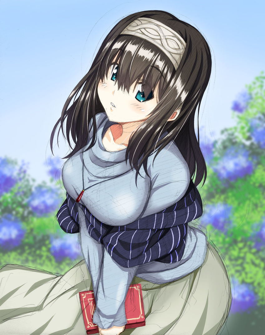 black_hair blue_eyes book breasts day flower gekato hairband highres hydrangea idolmaster idolmaster_cinderella_girls jewelry large_breasts long_hair long_sleeves looking_at_viewer pendant sagisawa_fumika shawl sketch sky solo sweater