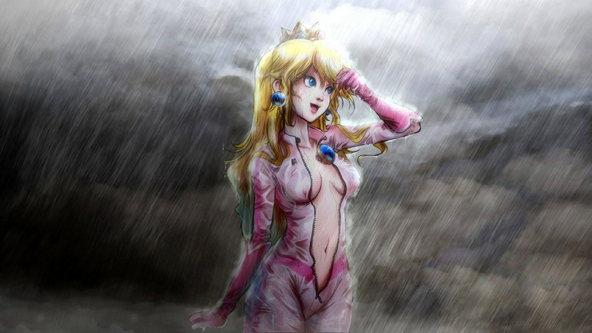 1girl blonde_hair blue_eyes bodysuit breasts center_opening cleavage crown elbow_gloves gloves highres jay_phenrix long_hair mario_kart navel nintendo open_clothes open_mouth princess_peach rain smile solo super_mario_bros. unzipped wet wet_clothes wet_hair