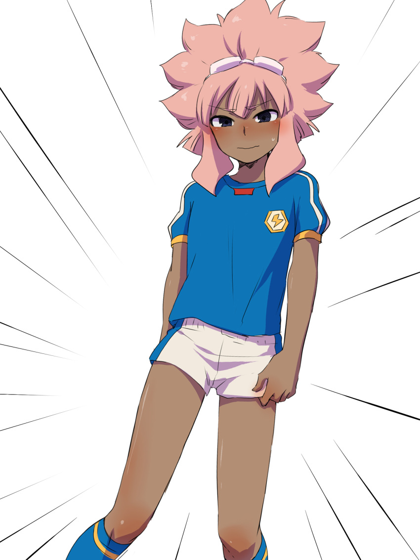 1boy blush dark_skin dark_skinned_male embarrassed goggles goggles_on_head grey_eyes highres inazuma_eleven inazuma_eleven_(series) long_hair male_focus pink_hair soccer_uniform solo sportswear sweatdrop tsunami_jousuke wavy_mouth