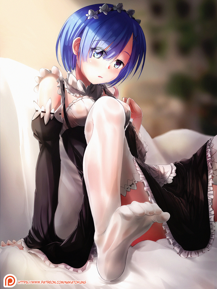 alternate_legwear apron arm_support artist_name bangs blue_eyes blue_hair blurry blurry_background blush breasts detached_sleeves dress embarrassed eyebrows eyebrows_visible_through_hair feet flower frilled_dress frilled_sleeves frills hair_flower hair_ornament hair_over_one_eye head_wreath highres looking_at_viewer maid maid_apron nakatokung patreon_logo patreon_username petals re:zero_kara_hajimeru_isekai_seikatsu rem_(re:zero) short_hair sitting small_breasts soles solo text_focus thighhighs toes waist_apron watermark web_address white_legwear