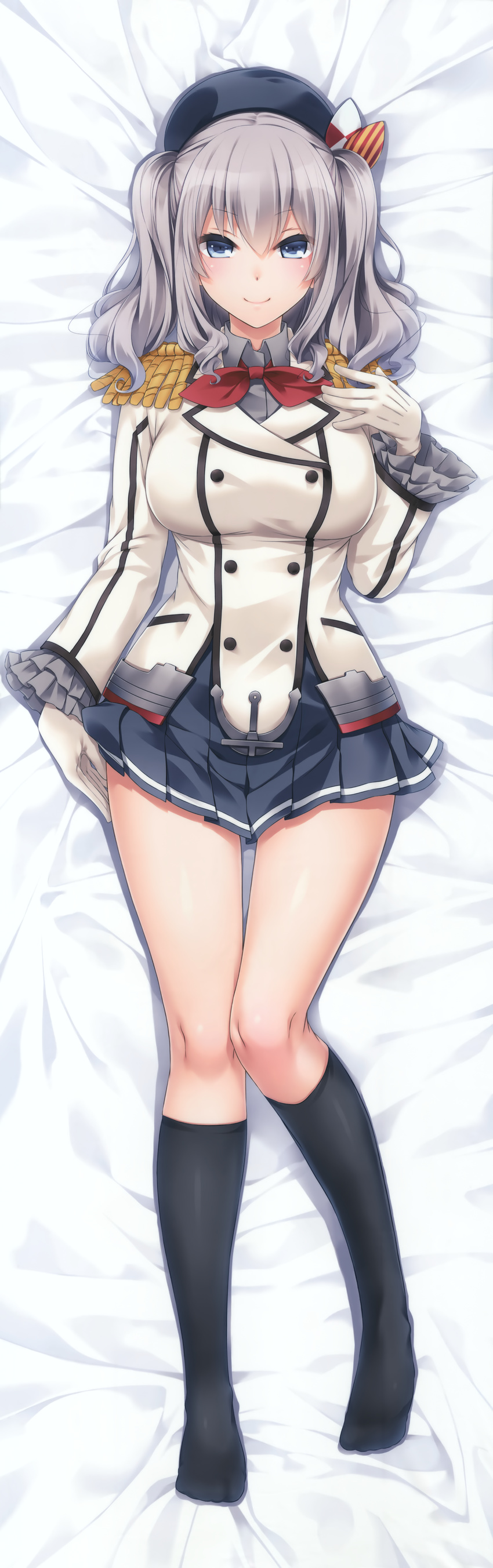 absurdres beret black_legwear blue_eyes blush breasts buttons dakimakura epaulettes frilled_sleeves frills full_body gloves hair_between_eyes hat highres huge_filesize jacket kantai_collection kashima_(kantai_collection) kneehighs large_breasts long_sleeves looking_at_viewer lying military military_uniform miniskirt nakajima_yuka neckerchief no_shoes on_back pleated_skirt scan shirt sidelocks silver_hair skirt skirt_pull smile solo sweat tsurime twintails uniform wavy_hair white_gloves