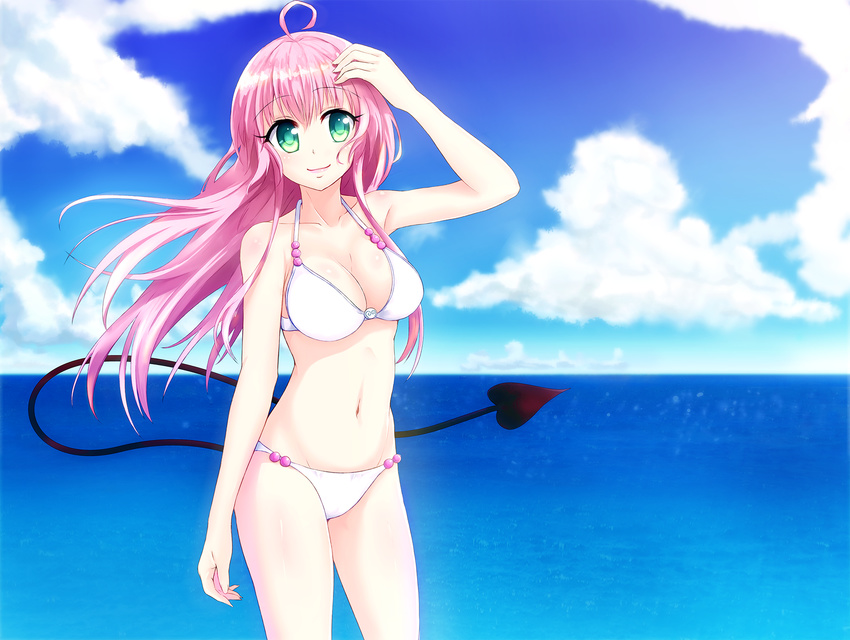 arm_up armpits bikini breasts cleavage cloud day fmg green_eyes highres lala_satalin_deviluke large_breasts long_hair navel ocean outdoors pink_hair sky smile solo swimsuit tail to_love-ru water wind