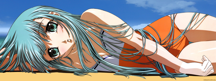 :o absurdres aqua_eyes aqua_hair arm_up armpits bare_arms bare_shoulders blue_sky blush cloud collarbone cowboy_shot day gotou_keiji highres kiddy_grade long_hair looking_at_viewer lumiere lying on_side outdoors parted_lips shiny shiny_skin sky solo strapless strapless_swimsuit swimsuit tan tanline tareme thigh_gap thighs