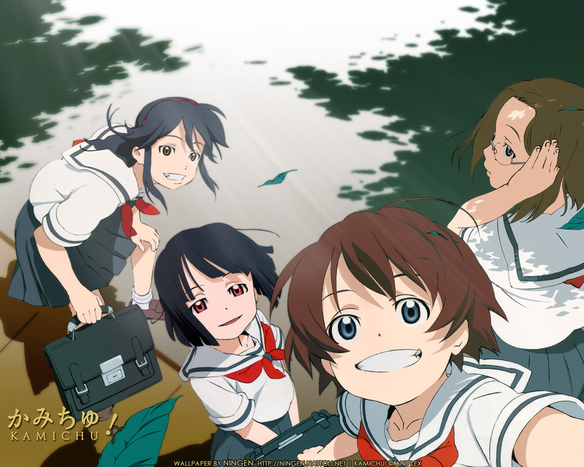 :d adjusting_hair age_difference ahoge bag bangs bent_over black_hair blue_eyes bob_cut brown_eyes brown_hair child close-up copyright_name everyone face flat_chest foreshortening from_above from_behind glasses grin hairband hand_on_head hitotsubashi_yurie kamichu! leaf loafers long_hair looking_at_viewer looking_back multiple_girls necktie official_art open_mouth outdoors pink_eyes pleated_skirt saegusa_matsuri saegusa_miko satchel school_bag school_uniform serafuku shadow shijou_mitsue shoes short_hair siblings sisters skirt smile socks squatting standing third-party_edit third-party_watermark wallpaper watermark white_legwear yabuno_kouji