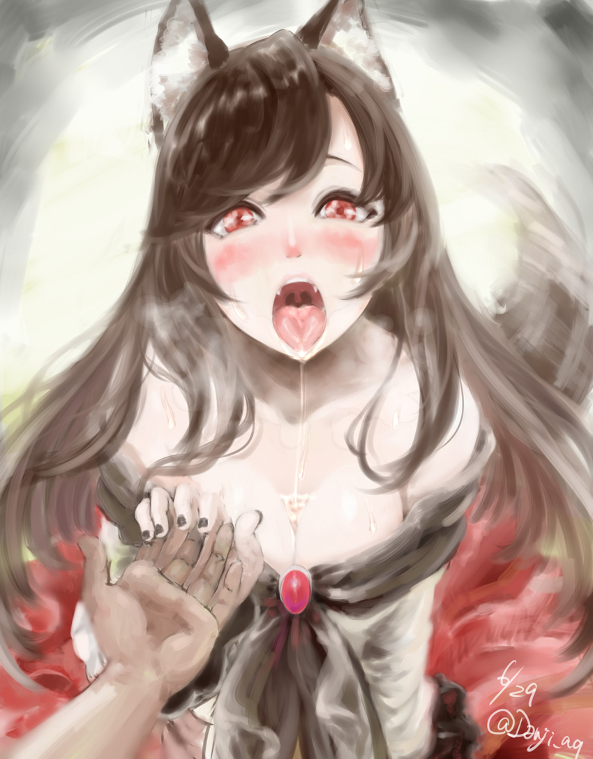 1girl absurdres animal_ears bare_shoulders black_nails blush brown_hair danji_aq dress fangs highres imaizumi_kagerou long_hair looking_at_viewer nail_polish off_shoulder open_mouth oral_invitation red_eyes saliva saliva_trail tail tail_wagging teeth tongue tongue_out touhou uvula wolf_ears wolf_tail