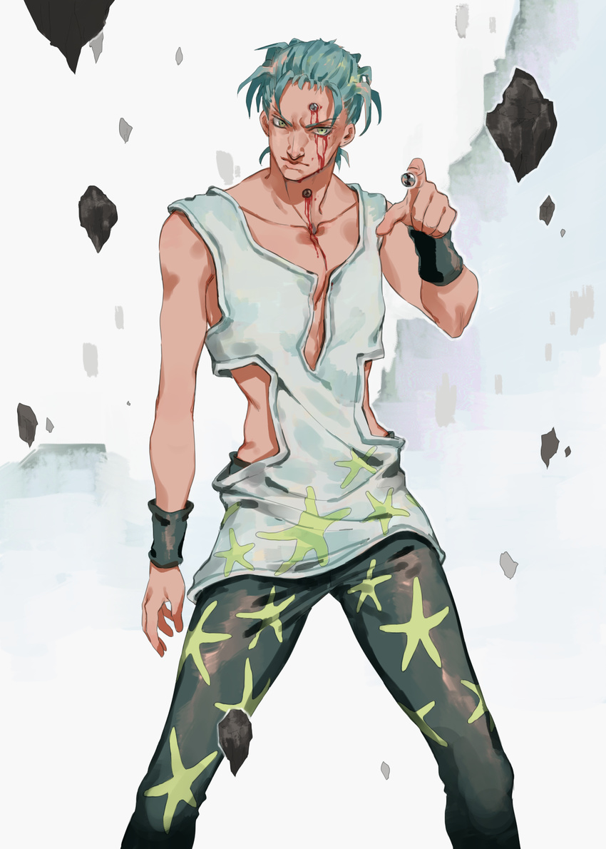 bad_id bad_pixiv_id blood blood_on_face blue_hair bullet collarbone daifukumochi_(qquuiieett) green_eyes gunshot_wound highres injury jojo_no_kimyou_na_bouken male_focus rock sale_(jojo) solo vento_aureo wristband