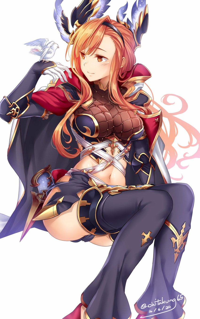 absurdres bird breasts dated gloves granblue_fantasy head_wings highres large_breasts navel okitakung orange_eyes orange_hair simple_background solo song_(granblue_fantasy) thighhighs
