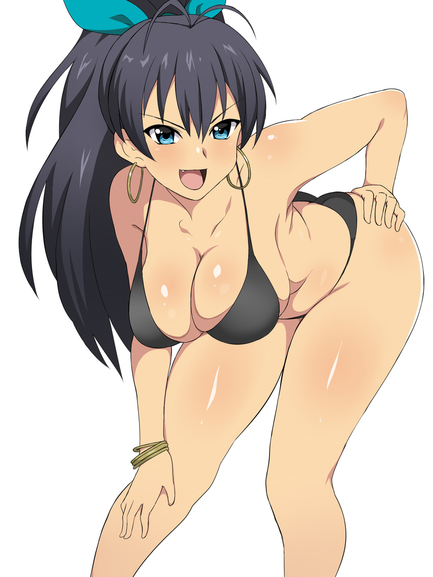 :d antenna_hair bare_arms bare_legs bare_shoulders bent_over bikini black_bikini black_hair blue_eyes blush body_blush bracelet breasts cleavage collarbone earrings fang ganaha_hibiki hand_on_hip hand_on_own_knee hanging_breasts highres hoop_earrings idolmaster idolmaster_(classic) jewelry kagemusha large_breasts long_hair looking_at_viewer open_mouth ponytail simple_background smile solo standing swimsuit tan tooth v-shaped_eyebrows very_long_hair white_background