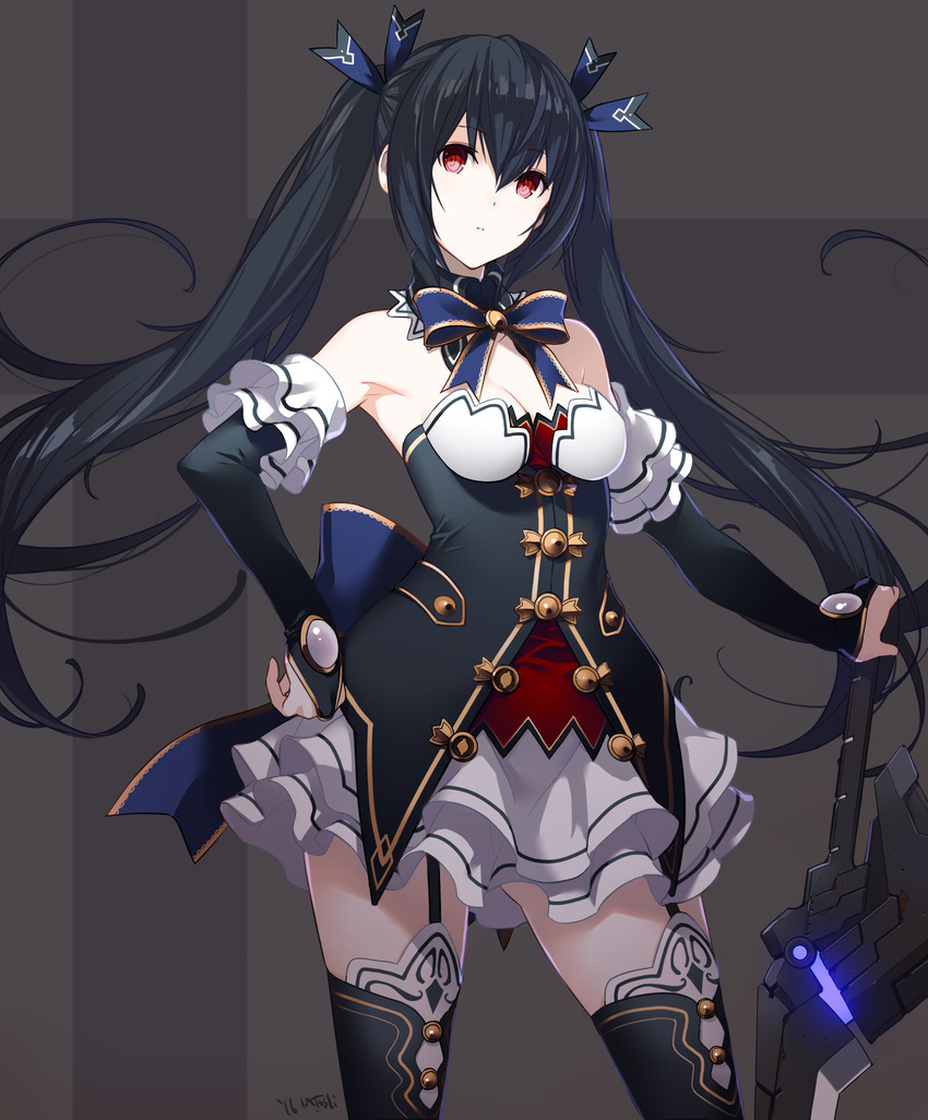 bare_shoulders black_hair black_legwear breasts cleavage detached_sleeves dress garter_straps hand_on_hip highres holding holding_sword holding_weapon kagetomo_midori looking_at_viewer medium_breasts neptune_(series) noire red_eyes short_dress solo sword thighhighs twintails underbust weapon