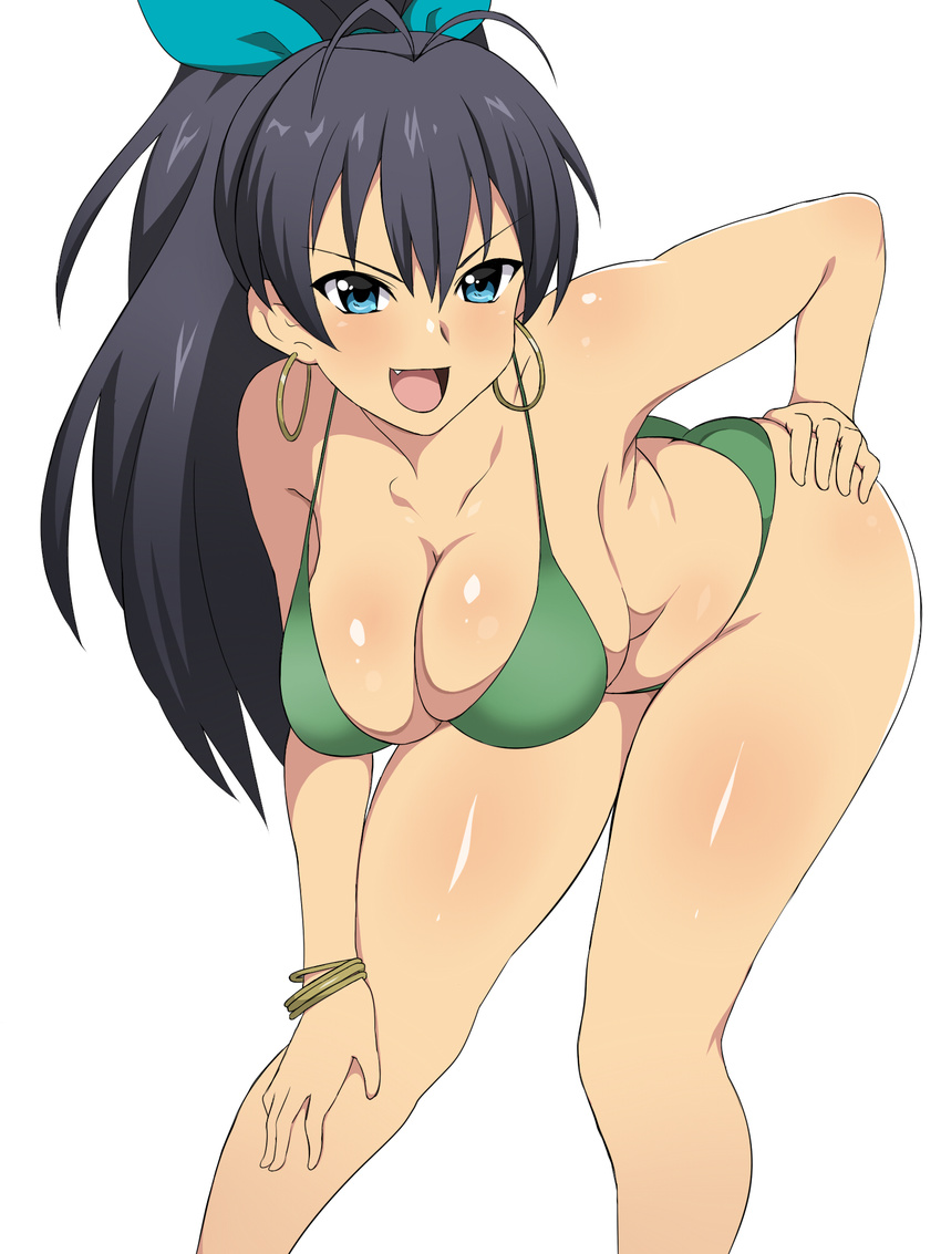 :d antenna_hair bare_arms bare_legs bare_shoulders bent_over bikini black_hair blue_eyes blush body_blush bracelet breasts cleavage collarbone earrings fang ganaha_hibiki green_bikini hand_on_hip hand_on_own_knee hanging_breasts high_ponytail highres hoop_earrings idolmaster idolmaster_(classic) jewelry kagemusha large_breasts long_hair looking_at_viewer open_mouth ponytail simple_background smile solo standing swimsuit tan tooth v-shaped_eyebrows very_long_hair white_background