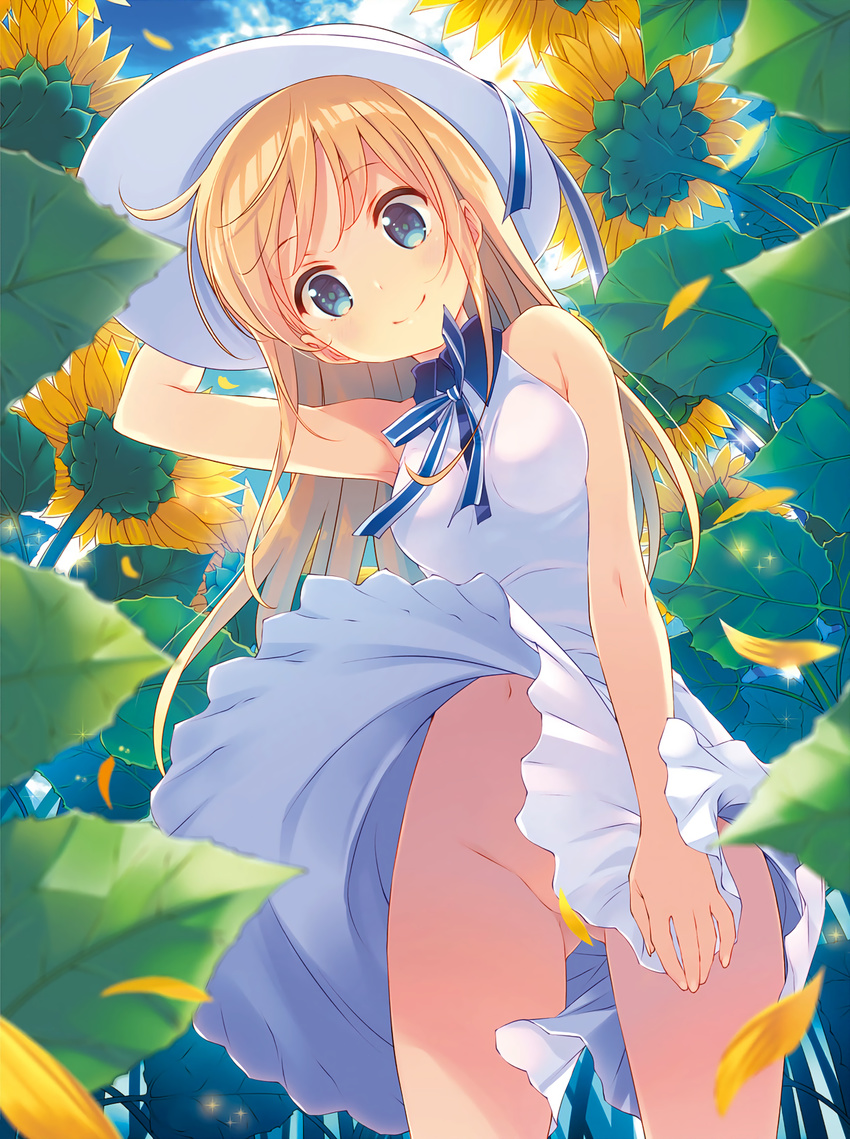 ass_visible_through_thighs bare_shoulders blonde_hair blue_eyes blurry blush breasts convenient_censoring day dengeki_moeou depth_of_field dress dress_tug dutch_angle flower from_below hand_on_headwear hat highres long_hair medium_breasts navel no_panties outdoors petals smile solo sun_hat sundress sunflower takei_ooki white_dress white_hat