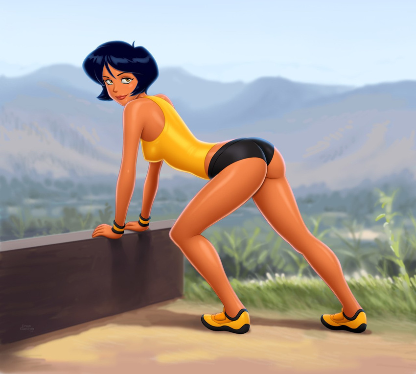 1girl alex_(totally_spies) ass black_hair brown_eyes dark_skin drew_gardner lips looking_at_viewer looking_back shorts stretching totally_spies