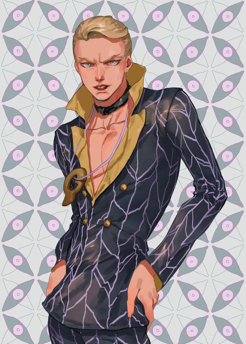 bad_id bad_pixiv_id bare_chest blonde_hair blue_eyes choker daifukumochi_(qquuiieett) hands_on_hips highres jewelry jojo_no_kimyou_na_bouken male_focus necklace open_mouth prosciutto solo suit_jacket teeth upper_body