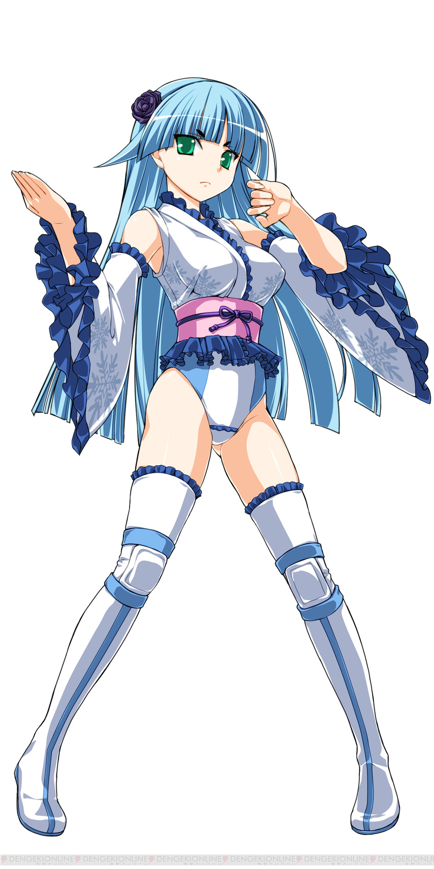 absurdres aqua_hair boots detached_sleeves flower full_body hair_flower hair_ornament hairband highres japanese_clothes kimono knee_pads leotard obi official_art ring_dream sash solo thigh_boots thighhighs transparent_background white_footwear white_legwear wrestling_outfit yuki_onna_(ring_dream)