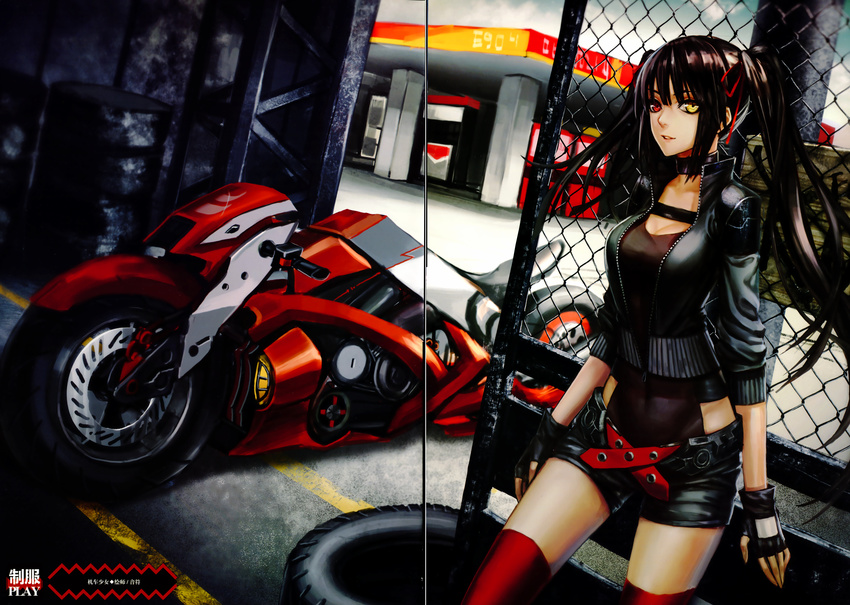 1girl artist_request black_hair date_a_live female fingerless gloves heterochromia highres jacket long_hair looking_at_viewer midriff motorcycle shorts solo thighhighs tokisaki_kurumi twintails