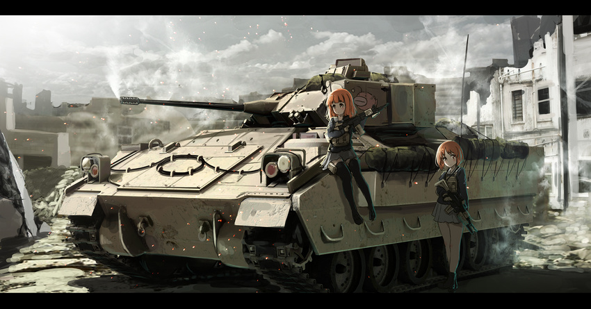 anglerfish armored_personnel_carrier assault_rifle body_armor cloud emblem girls_und_panzer grenade_launcher ground_vehicle gun highres laser_sight letterboxed load_bearing_vest m203 m2_bradley m4_carbine military military_uniform military_vehicle motor_vehicle multiple_girls nishizumi_miho ooarai_military_uniform oota_youjo plate_carrier rifle scope skirt takebe_saori tank thighhighs underbarrel_grenade_launcher uniform weapon