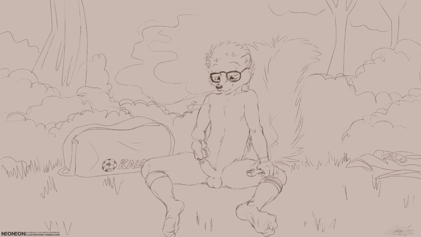 anthro balls clothing cub discarded_clothing drugs erection eyewear foreskin_pull front_view glasses humanoid_penis legwear line_art looking_down male mammal monochrome mostly_nude neoneon outside penis signature sketch skunk smoke socks solo sports_bag spread_legs spreading young