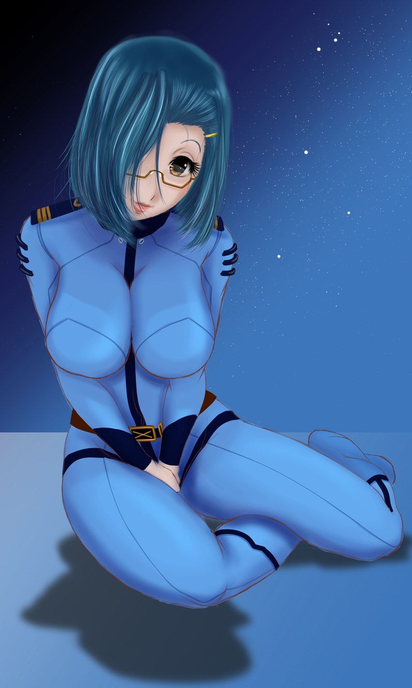 1girl blue_hair bodysuit breasts glasses hair_over_one_eye large_breasts niimi_kaoru short_hair solo uchuu_senkan_yamato uchuu_senkan_yamato_2199