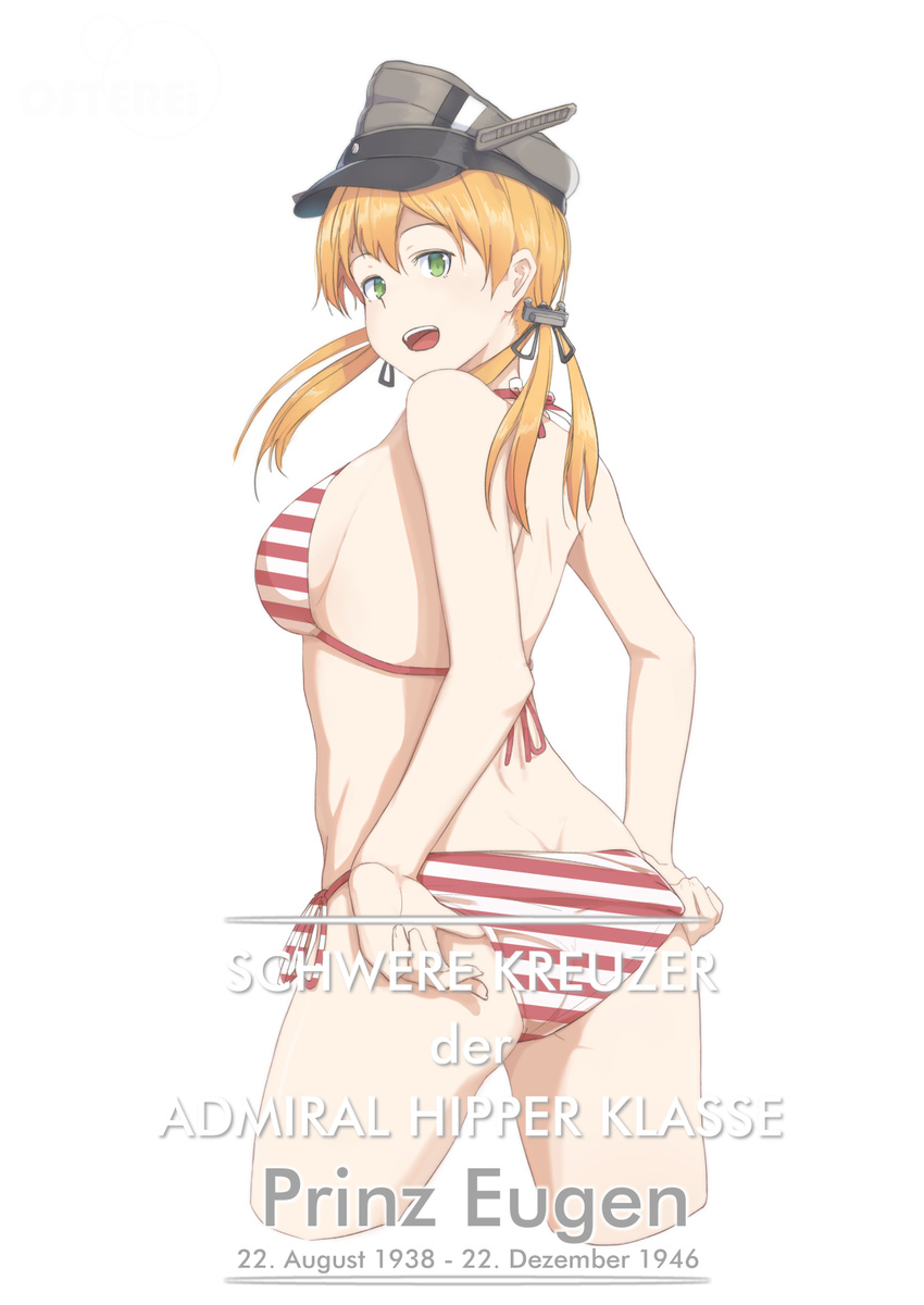 :d alternate_costume ass back bikini blonde_hair breasts butt_crack commentary_request cowboy_shot cropped_legs ears german green_eyes hair_ornament hairclip hat highres kantai_collection large_breasts looking_back open_mouth osterei prinz_eugen_(kantai_collection) sideboob simple_background smile solo striped striped_bikini swimsuit translated twintails white_background