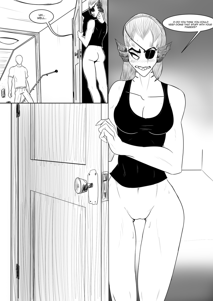 black_and_white blush bottomless breasts butt captainjingo cleavage clothed clothing dialogue doorway duo english_text eye_patch eyewear fish gills hair human mammal marine monochrome monster speech_bubble text undertale undyne video_games