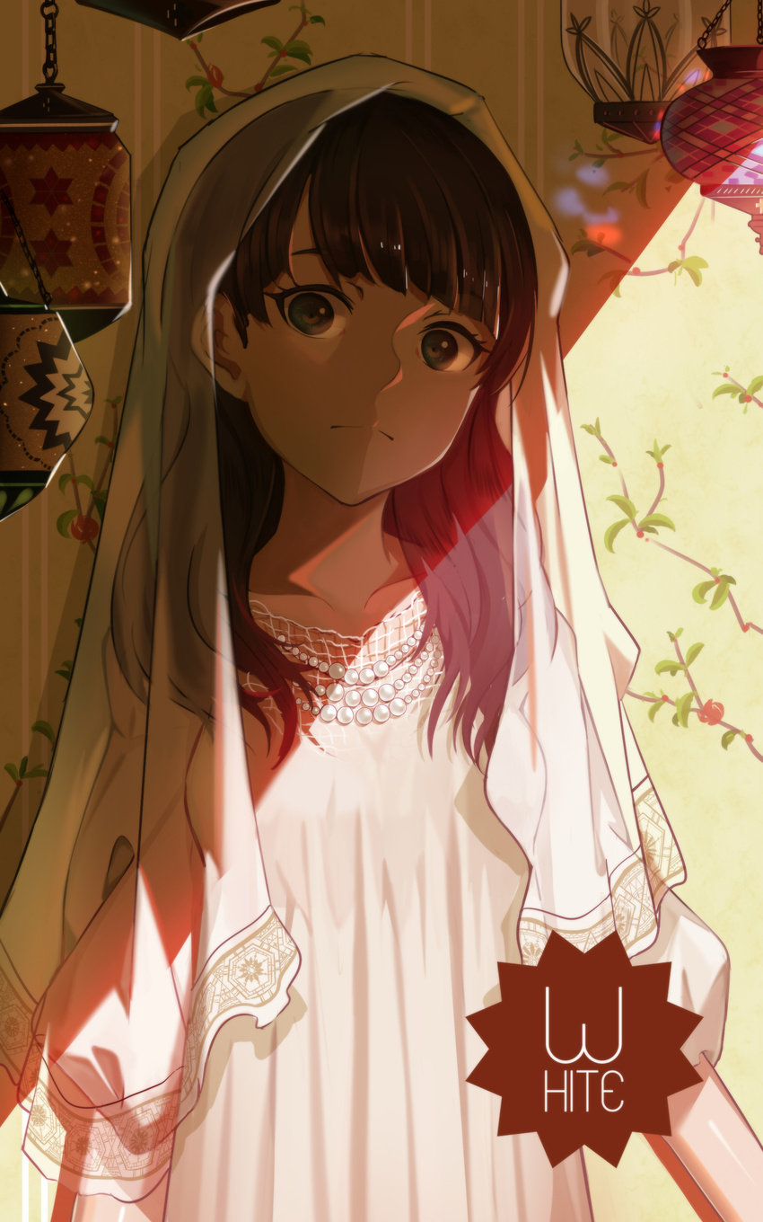 absurdres bangs black_nails brown_eyes brown_hair closed_mouth collarbone dress english frown head_tilt highres jewelry long_hair looking_at_viewer lu" mimori_suzuko nail_polish necklace pearl_necklace real_life shade solo veil wallpaper_(object) wavy_hair white_dress