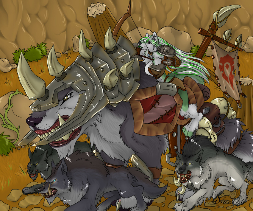 anthro armor arrow bow bushes canine horde hunter invalid_color mammal mount path riding rock shiarah video_games war_wolf warcraft warsong_gulch wolf