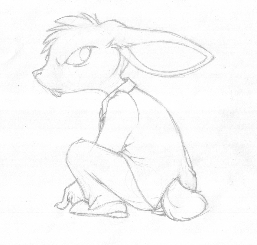 annoyed anthro big_ears buckteeth clothing crouching dress_shirt footwear greyscale lagomorph looking_back male mammal maxy mizzyam monochrome pants pencil_(artwork) rabbit rear_view shirt shoes solo teeth traditional_media_(artwork)