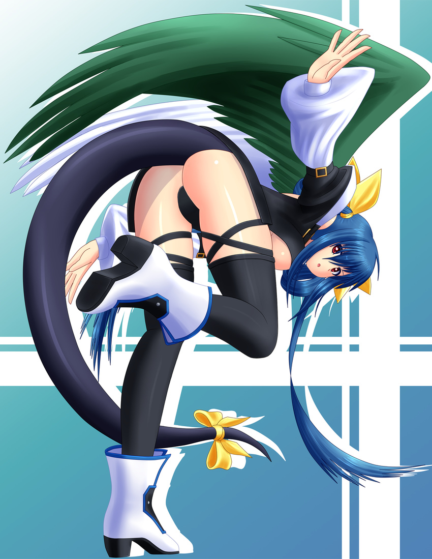 1girl arc_system_works ass asymmetrical_wings bare_shoulders bent_over black_legwear blue_hair blush boots breasts detached_sleeves dizzy guilty_gear guilty_gear_x hair_ribbon kicking large_breasts leaning leaning_forward long_hair looking_back open_mouth panties parted_lips ribbon shiny shiny_clothes shiny_hair shiny_skin skirt solo tail tail_ribbon thighhighs twintails very_long_hair wings wiz_(shadow)