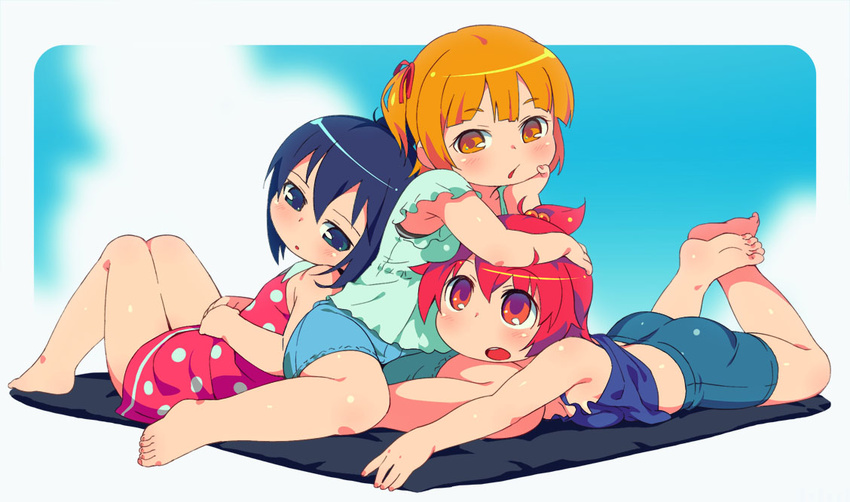 ass barefoot bike_shorts black_eyes black_hair blonde_hair brown_eyes dress hair_ribbon marui_futaba marui_hitoha marui_mitsuba mitsudomoe multiple_girls om_(nk2007) polka_dot red_eyes red_hair ribbon shorts siblings sisters tank_top two_side_up