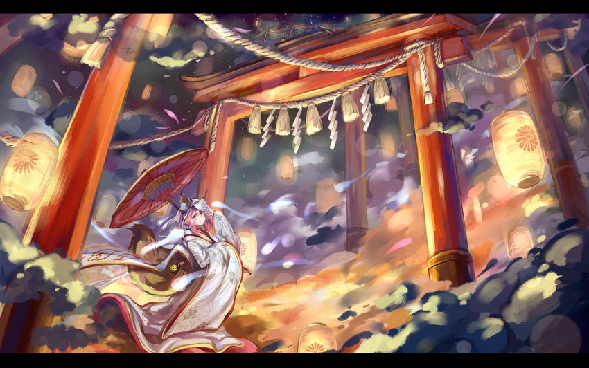 animal_ears arch bell closed_mouth cloud fate/extra fate/grand_order fate_(series) fox_ears fox_mask fox_tail from_side hair_ribbon highres japanese_clothes jingle_bell kimono lantern lens_flare letterboxed light long_sleeves looking_at_viewer looking_to_the_side mask mask_on_head parasol pink_hair ribbon smile solo tail tamamo_(fate)_(all) tamamo_no_mae_(fate) torii umbrella walking wide_sleeves yellow_eyes yinzhang